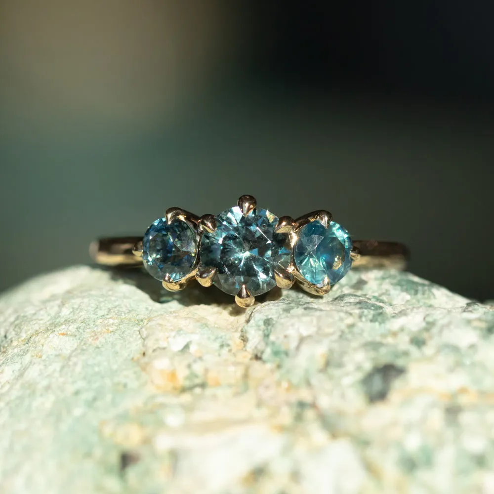 0.82ct Songea and Nigerian Teal Sapphire Three Stone Ring in 14K Yellow Gold