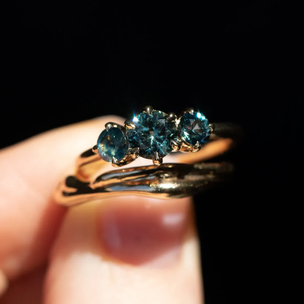 0.82ct Songea and Nigerian Teal Sapphire Three Stone Ring in 14K Yellow Gold