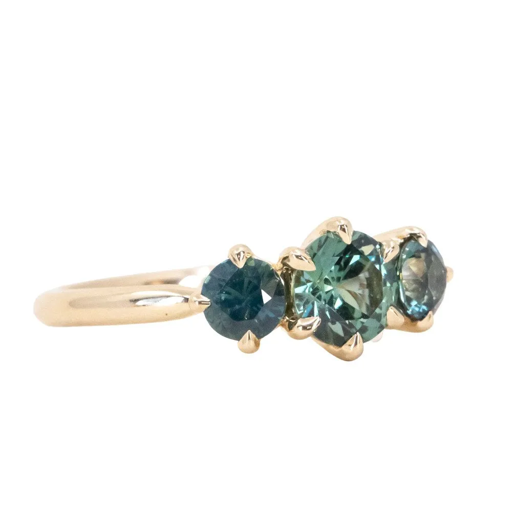 0.82ct Songea and Nigerian Teal Sapphire Three Stone Ring in 14K Yellow Gold