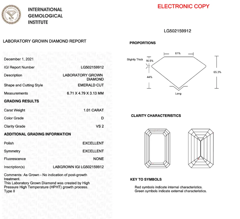 1.01CT Emerald D VS2 EX EX NONE - LG502159912