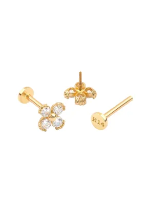 14k Gold Minimalist Clover Cz or Genuine Diamond Cartilage Tragus Helix Lobe Internally Threaded Flat Back Earring Labret