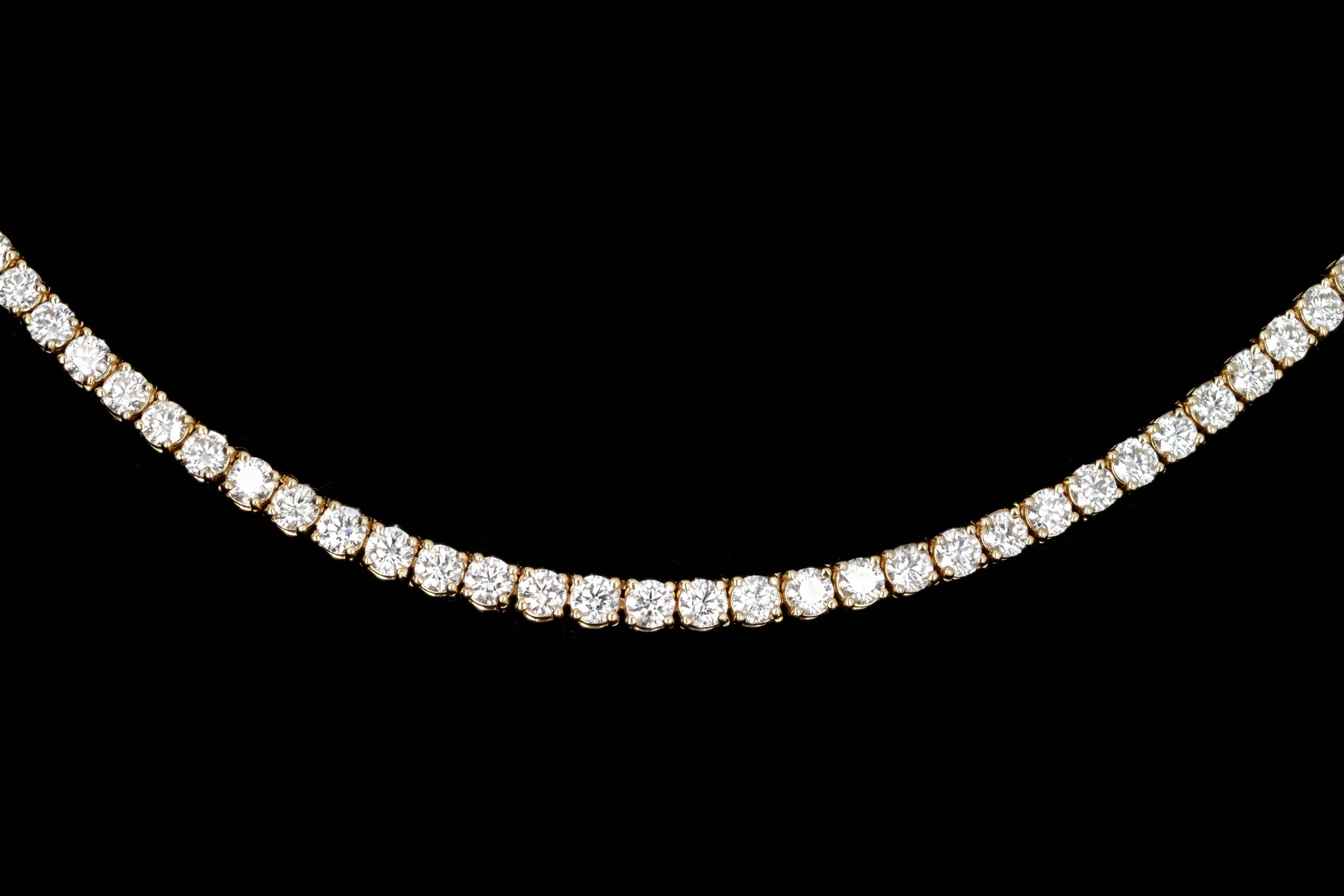 14K Yellow Gold 13.27 Carat Total Weight Round Brilliant Diamond Tennis Necklace