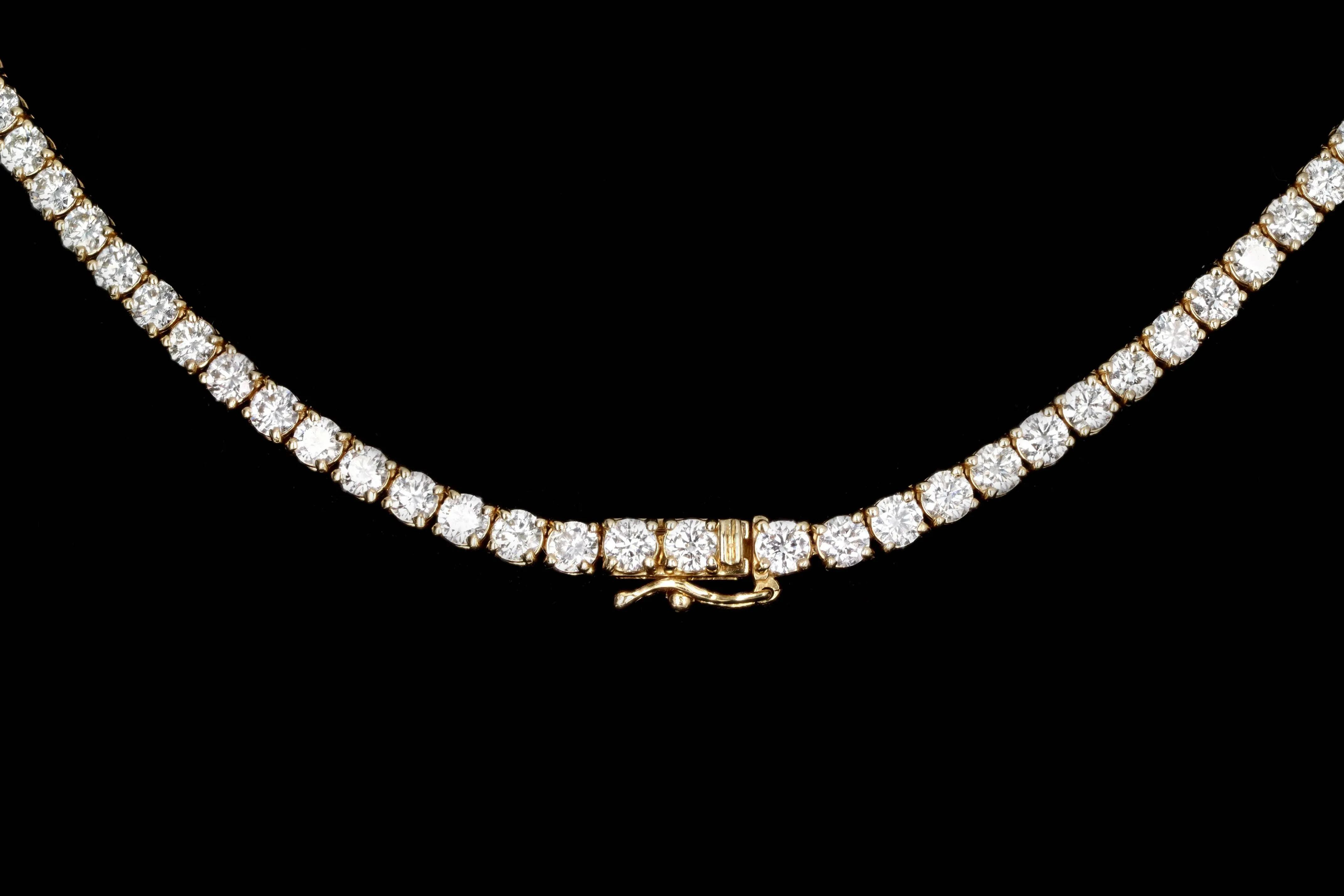 14K Yellow Gold 13.27 Carat Total Weight Round Brilliant Diamond Tennis Necklace