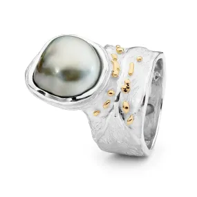 18ct Yellow Gold and Sterling Silver Pearl Ring