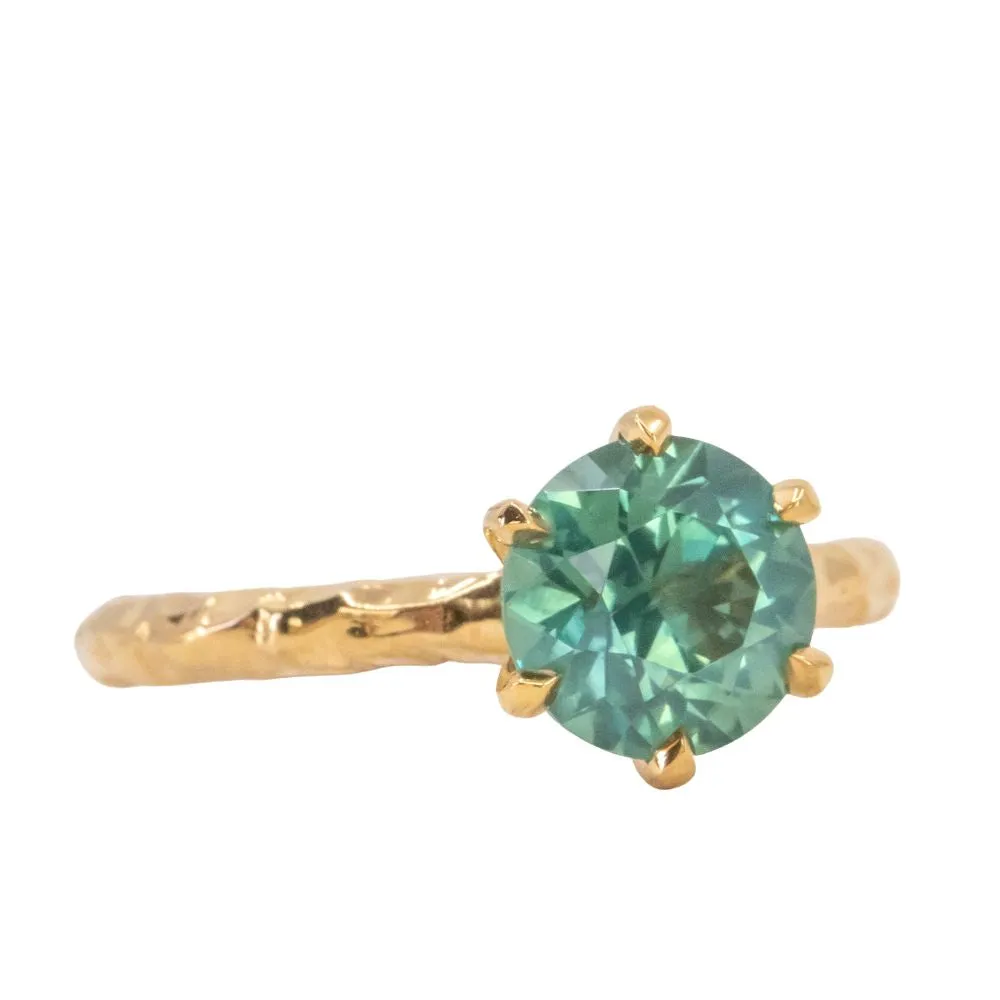 2.15ct Round Teal Nigerian Sapphire Six Prong Evergreen Solitaire in 18k Yellow Gold