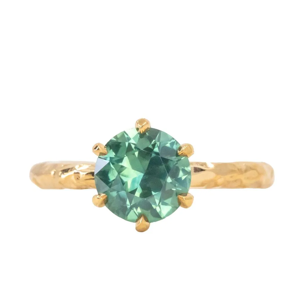 2.15ct Round Teal Nigerian Sapphire Six Prong Evergreen Solitaire in 18k Yellow Gold