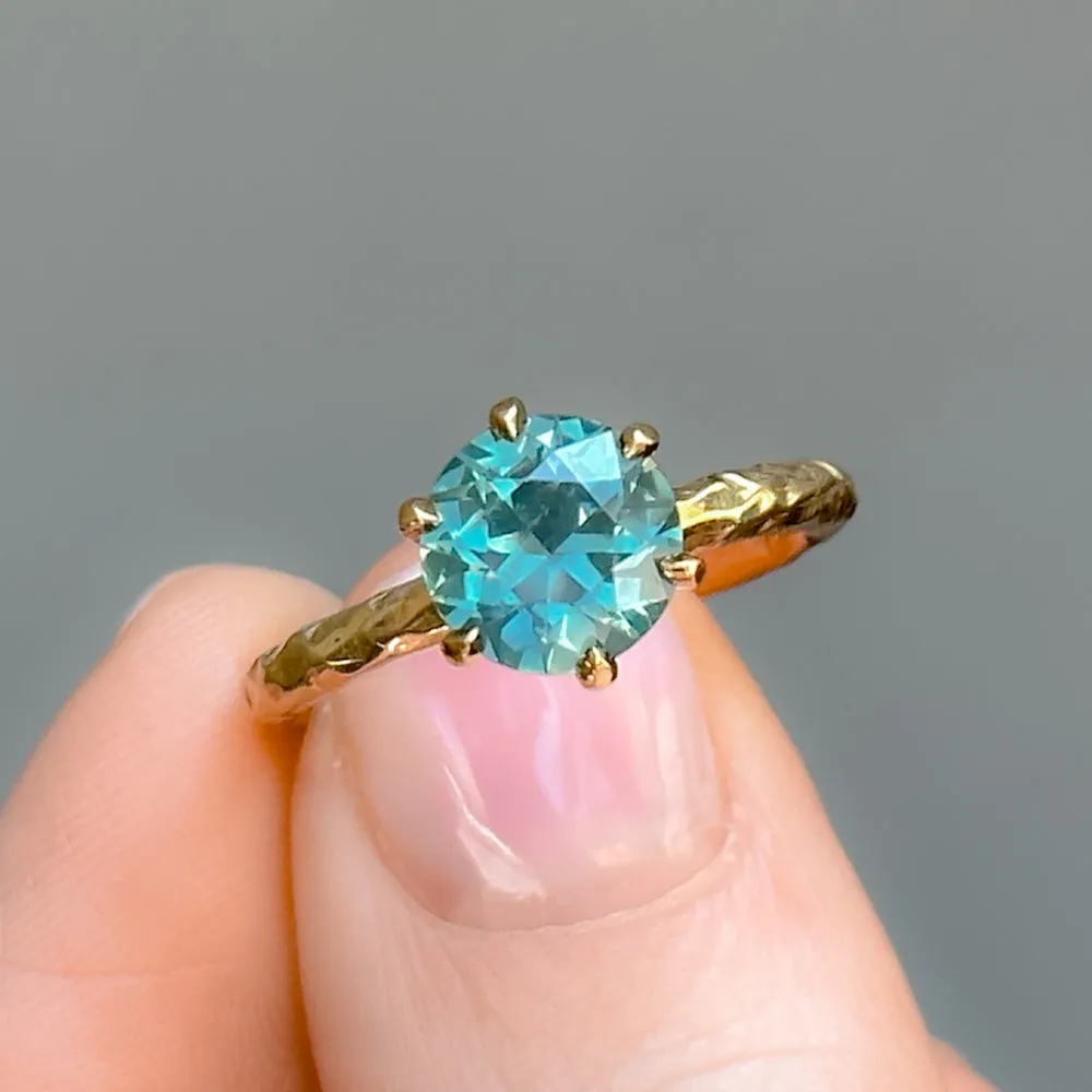 2.15ct Round Teal Nigerian Sapphire Six Prong Evergreen Solitaire in 18k Yellow Gold