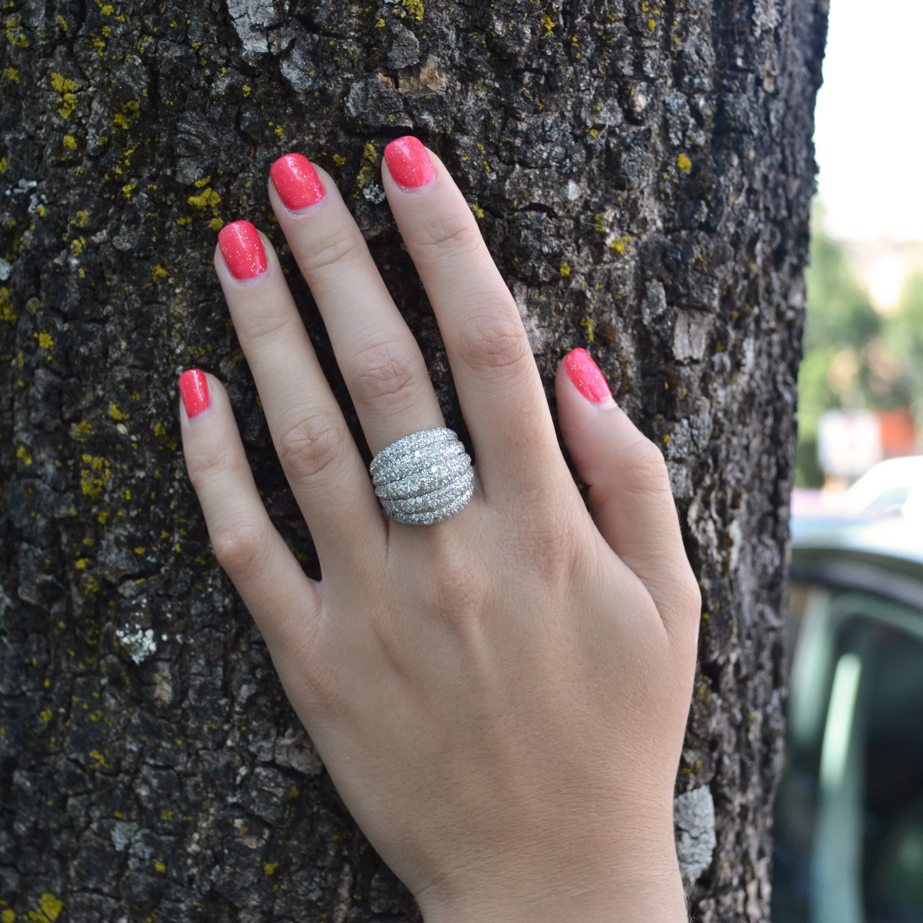 AFJ Diamond Collection - Five Layered Pave Diamond Ring, 18k White Gold