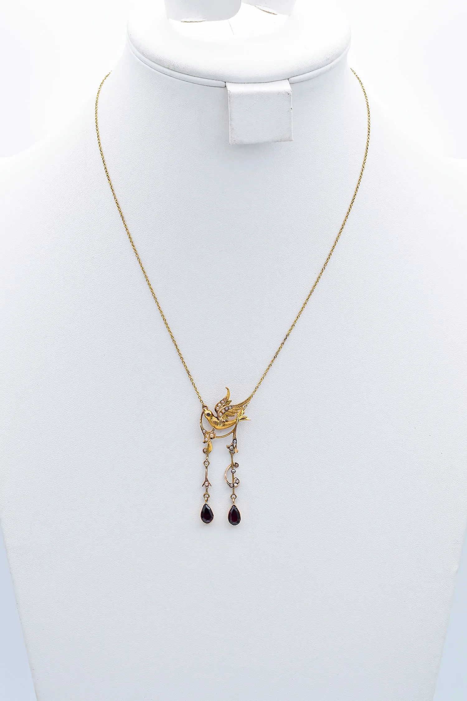 Antique Garnet & Seed Pearl 19K Yellow Gold Bird Pendant Necklace