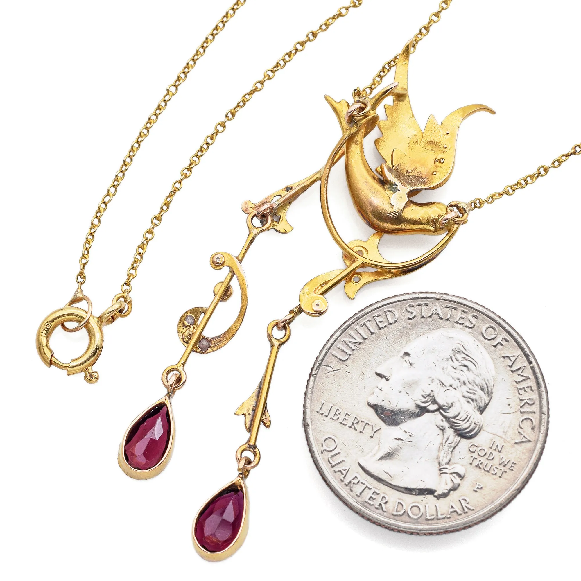 Antique Garnet & Seed Pearl 19K Yellow Gold Bird Pendant Necklace