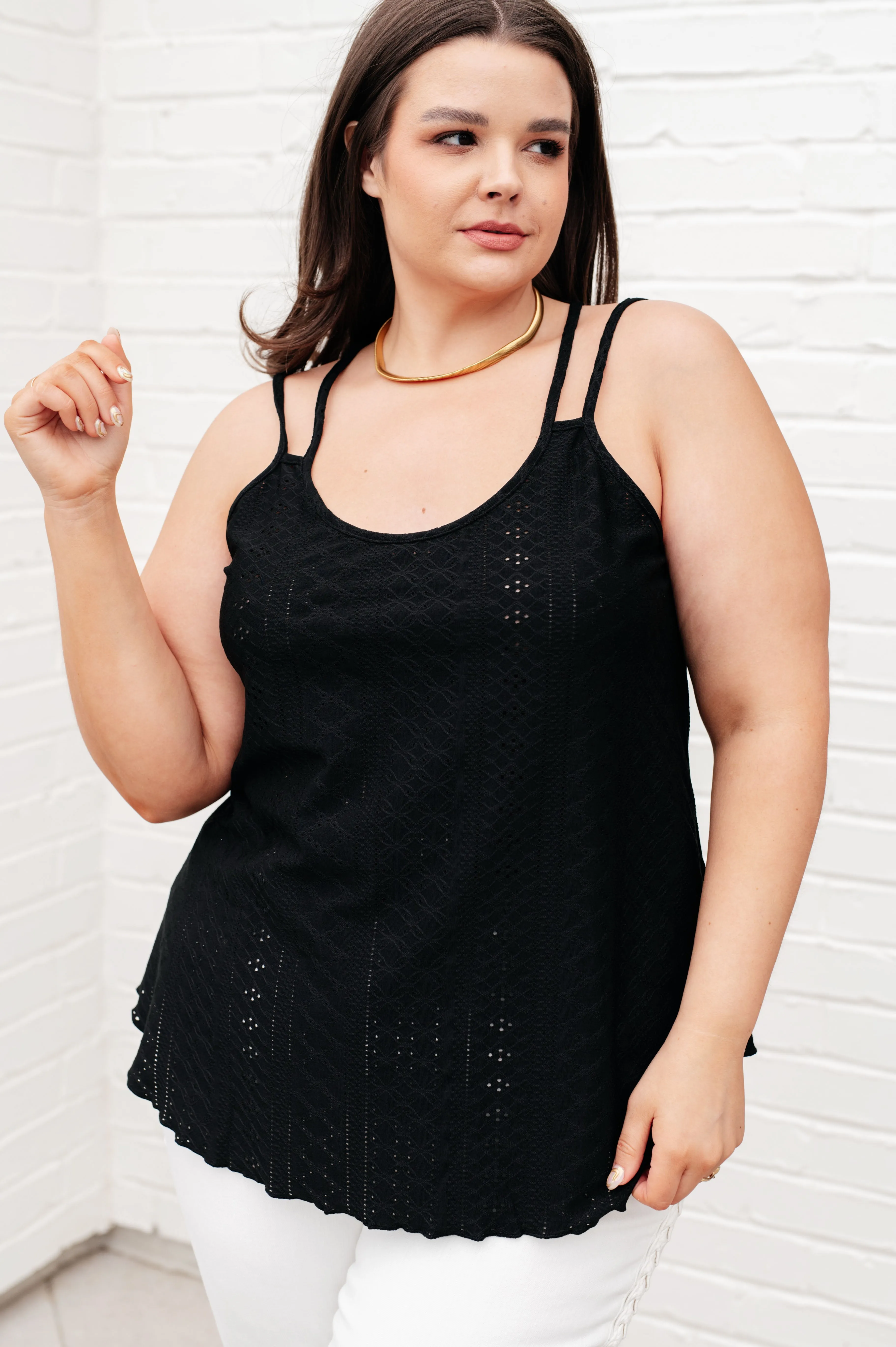 Black Eye on the Prize Eyelet Tank Top in Black