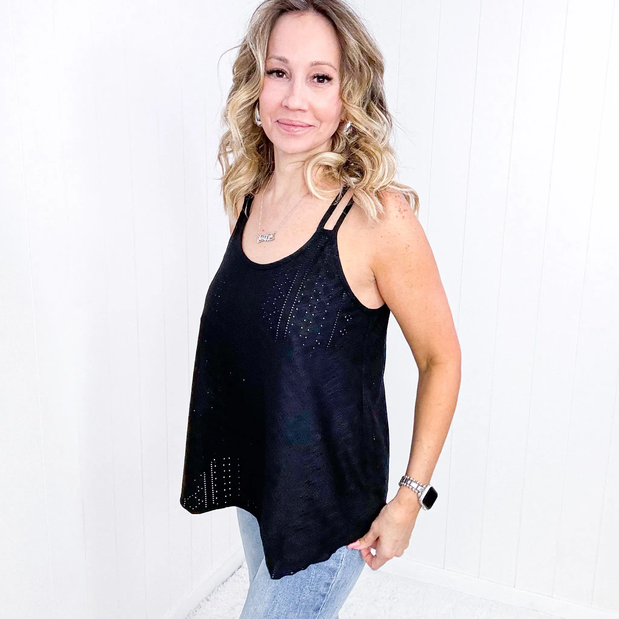 Black Eye on the Prize Eyelet Tank Top in Black