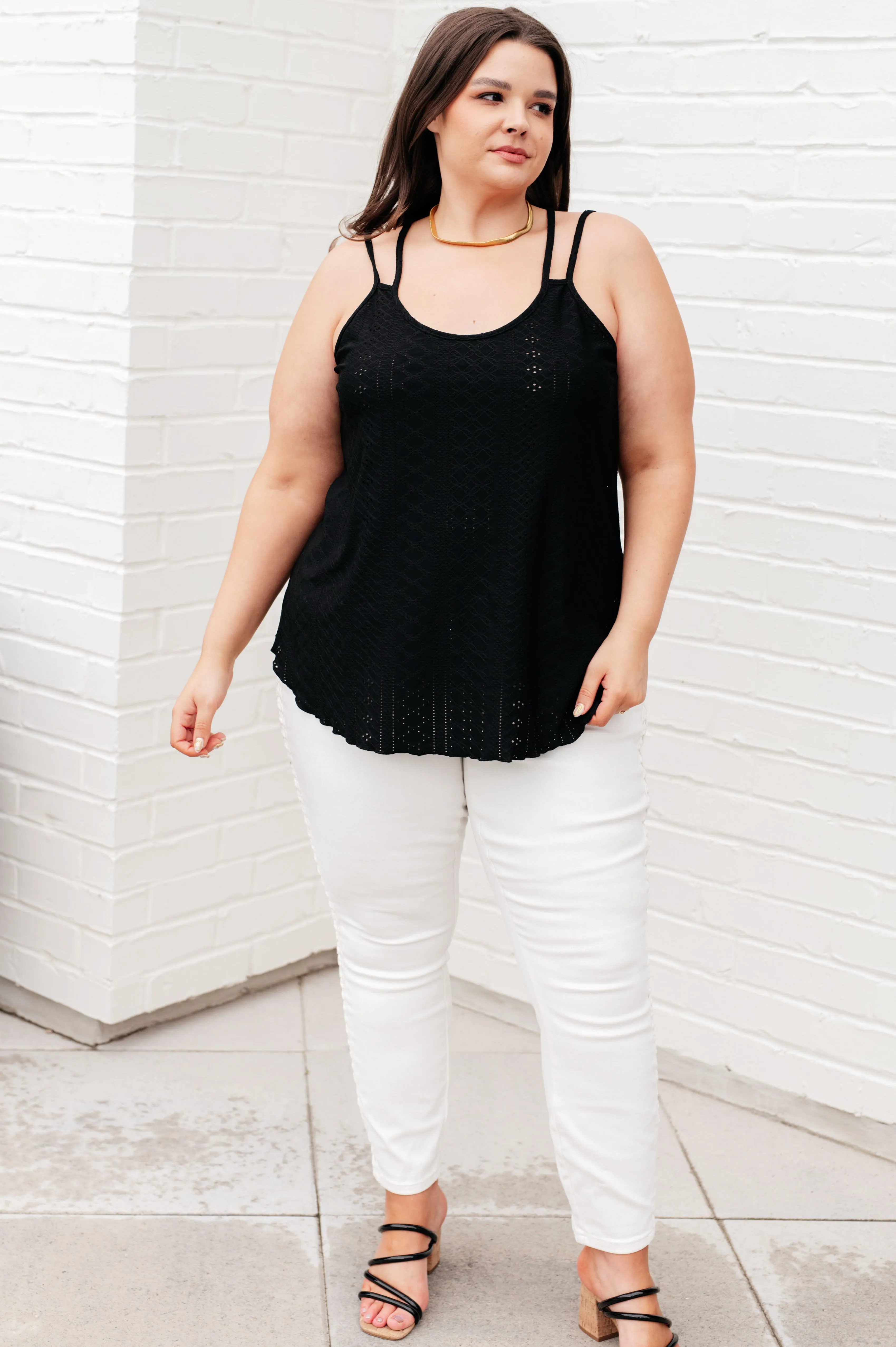 Black Eye on the Prize Eyelet Tank Top in Black