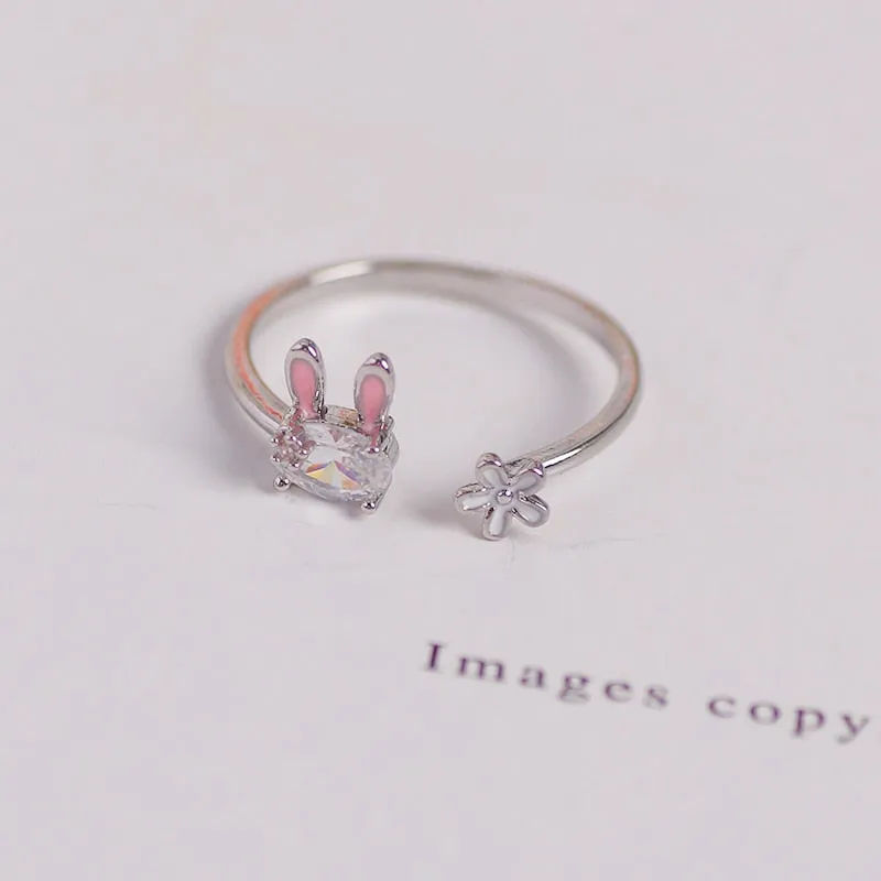 Cute White Diamond Bunny Rings