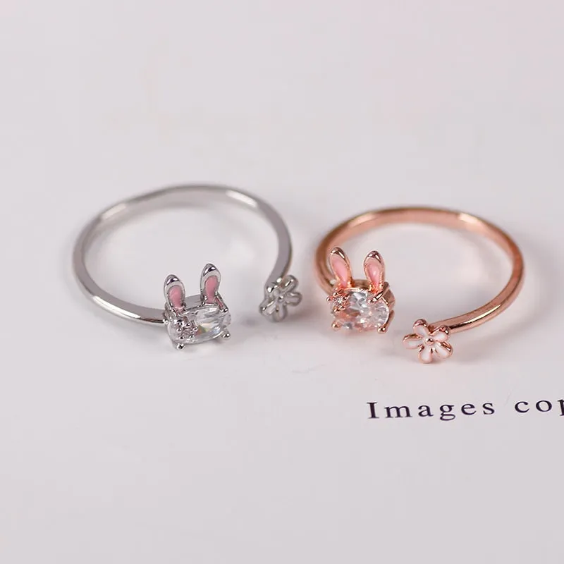 Cute White Diamond Bunny Rings