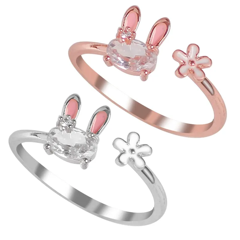 Cute White Diamond Bunny Rings