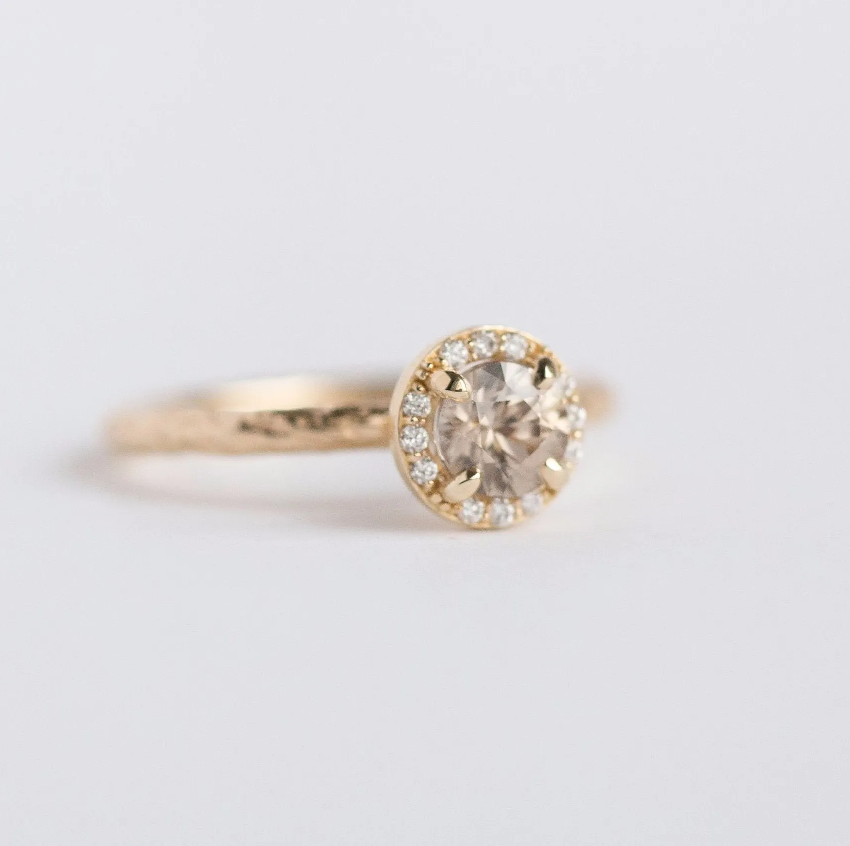 Diamond & Champagne Zircon Engagement Ring - Hand Carved Recycled Yellow Gold Earthy Setting - Ring by Anueva Jewelry