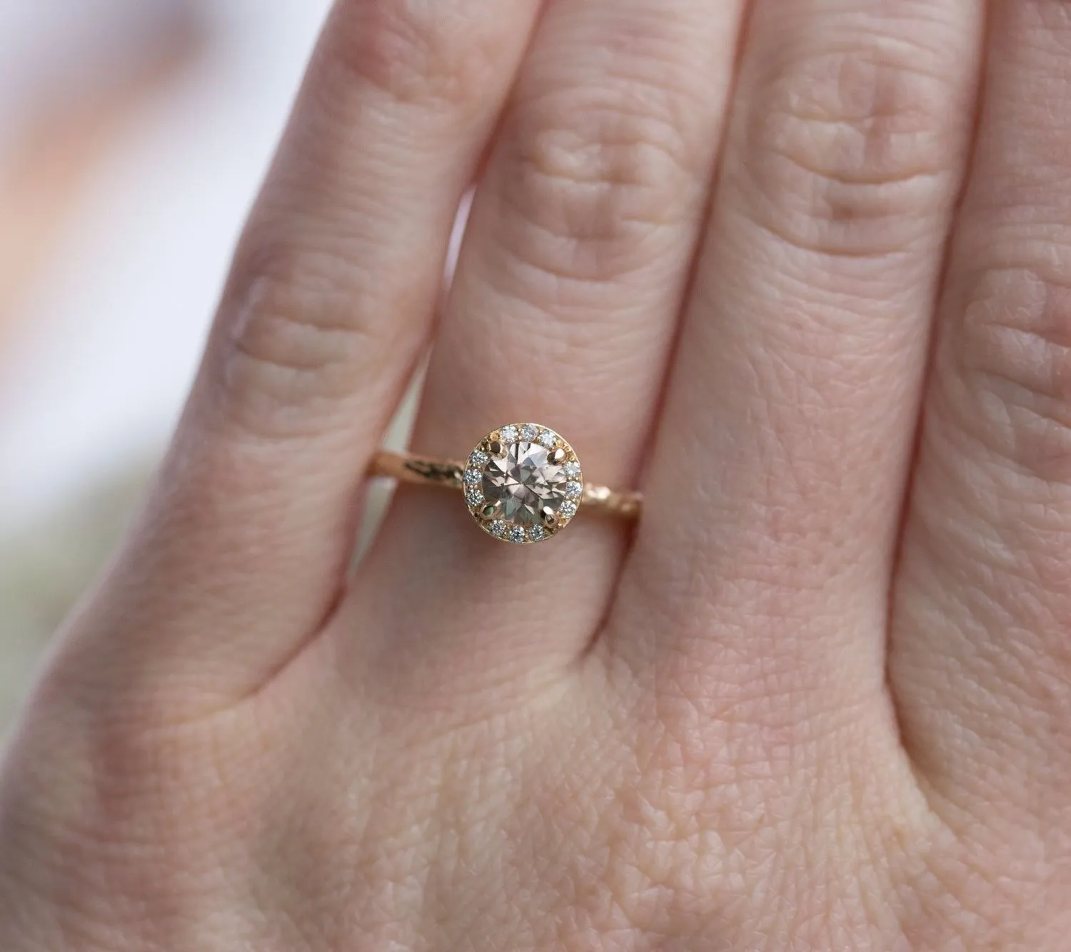 Diamond & Champagne Zircon Engagement Ring - Hand Carved Recycled Yellow Gold Earthy Setting - Ring by Anueva Jewelry