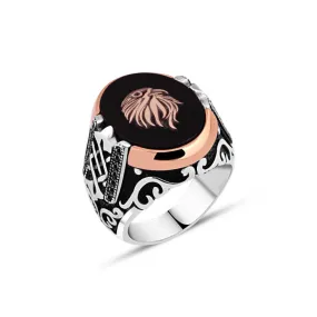 Eagle Head on Black Ellipse Onyx Stone Silver Men's Ring Siding Braid Pattern and Zircons