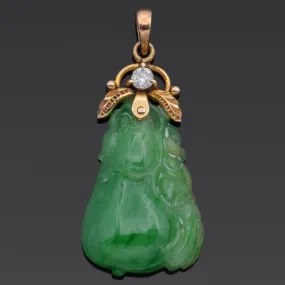 Estate 18K Yellow Gold Green Jade & Diamond Carved Gourd Pendant