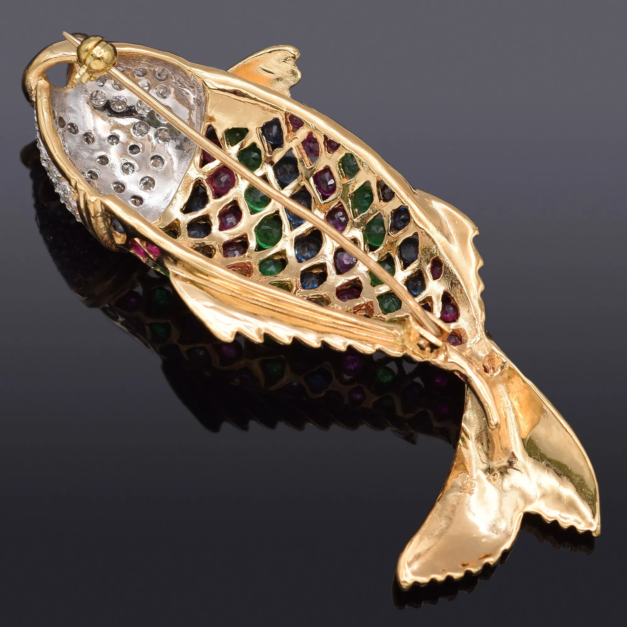 Estate 18K Yellow Gold Multi-Stone & 0.92 TCW Diamond Fish Brooch Pin