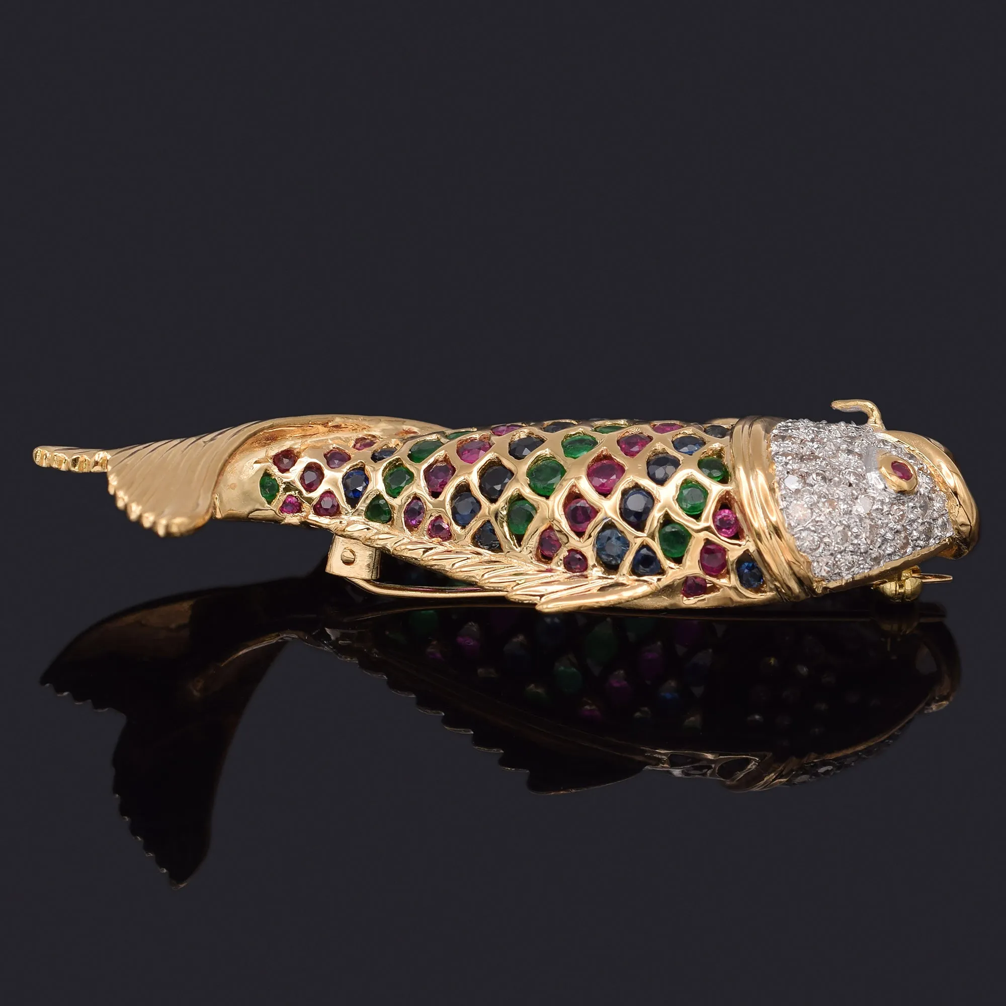 Estate 18K Yellow Gold Multi-Stone & 0.92 TCW Diamond Fish Brooch Pin