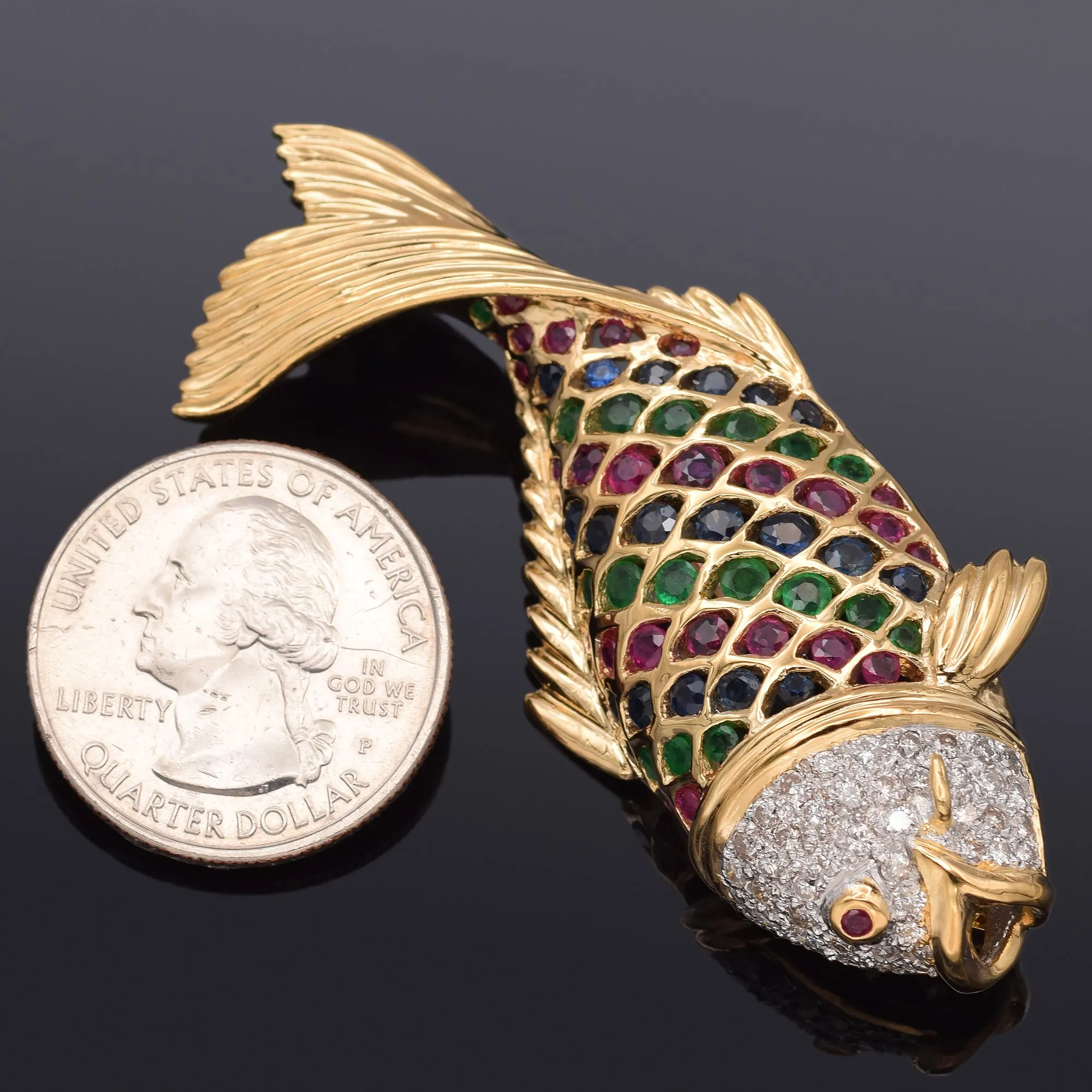 Estate 18K Yellow Gold Multi-Stone & 0.92 TCW Diamond Fish Brooch Pin