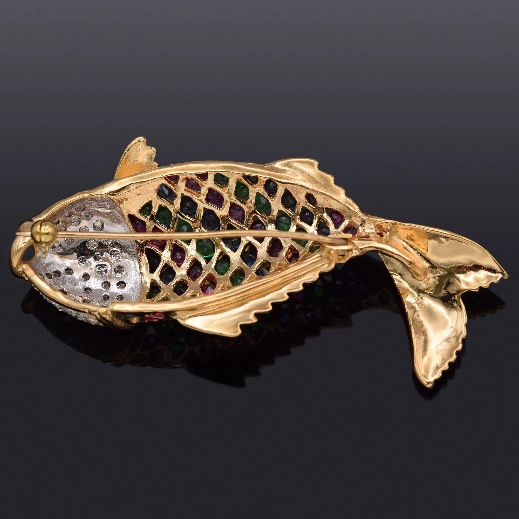 Estate 18K Yellow Gold Multi-Stone & 0.92 TCW Diamond Fish Brooch Pin