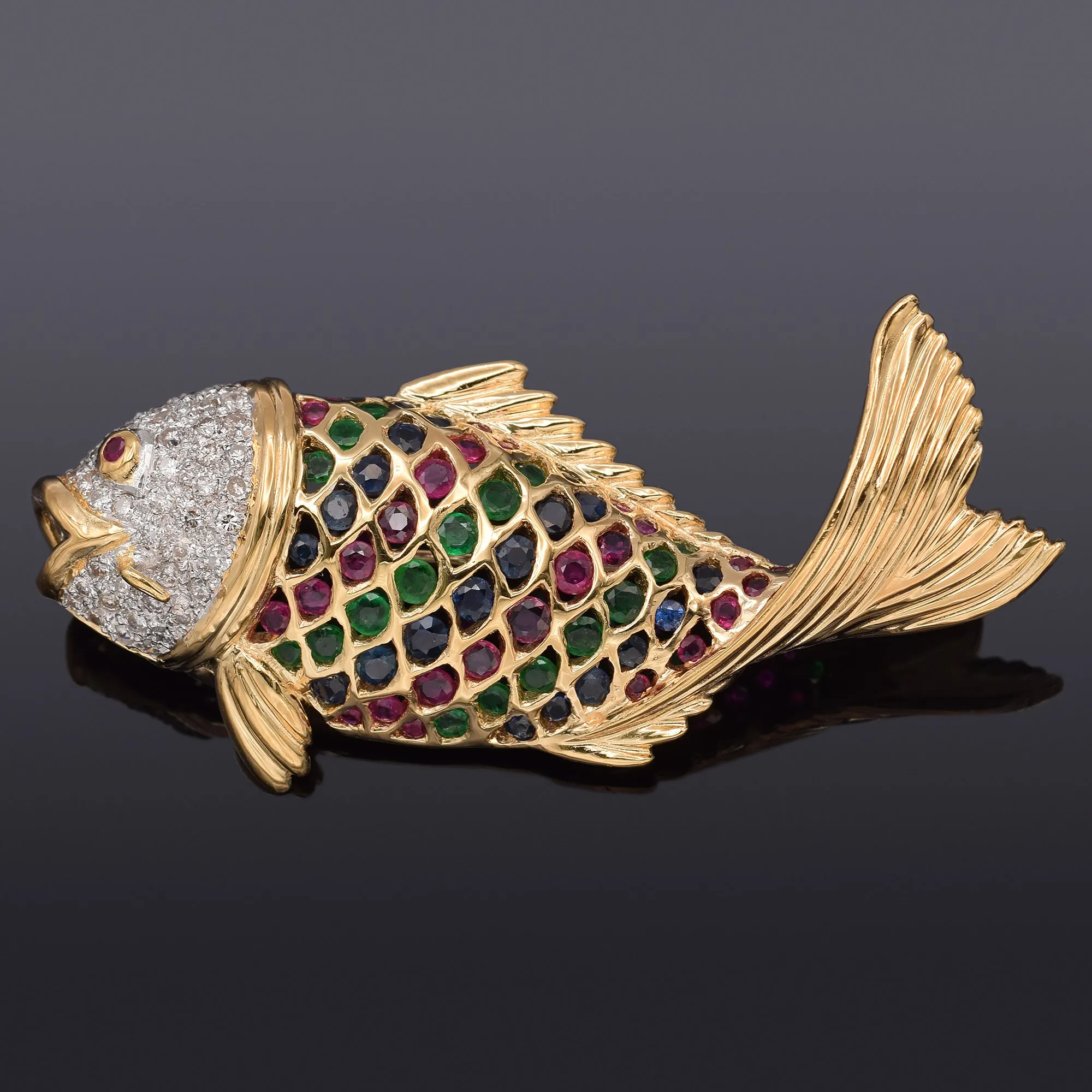 Estate 18K Yellow Gold Multi-Stone & 0.92 TCW Diamond Fish Brooch Pin