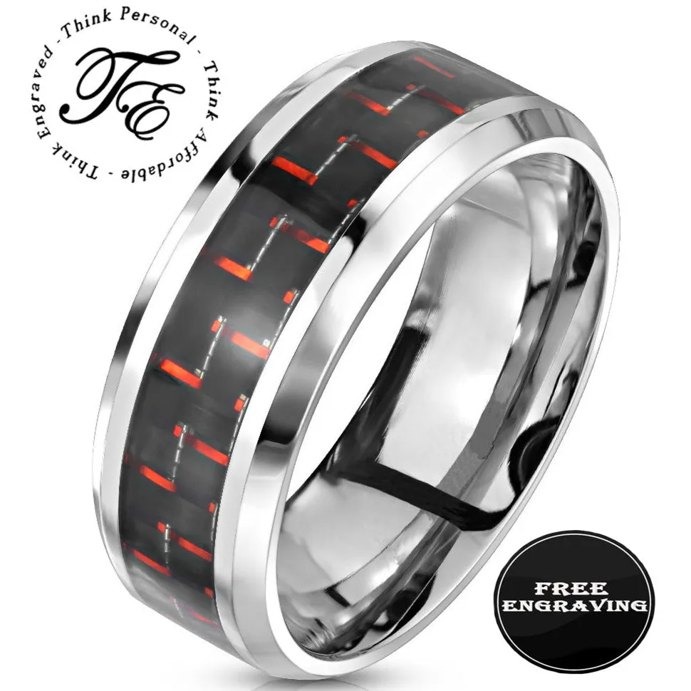 Men's Engraved Red and Black Carbon Fiber Wedding Ring - Guy's Personalized Wedding Ring