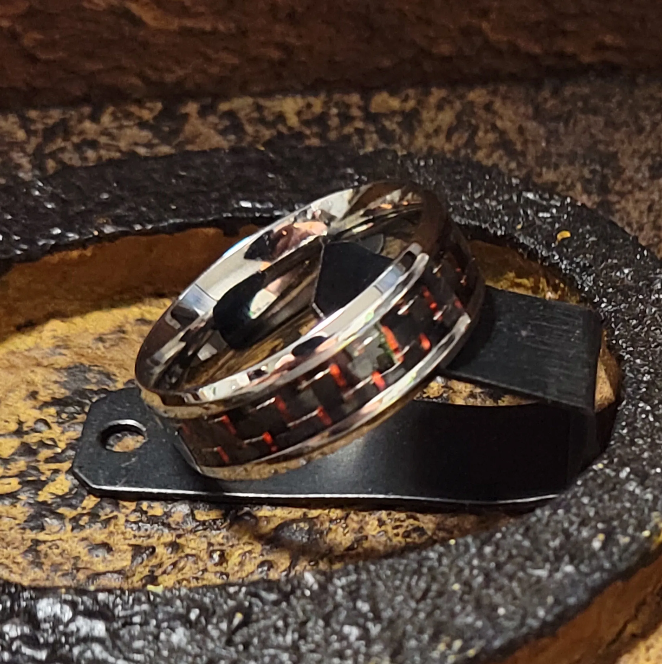 Men's Engraved Red and Black Carbon Fiber Wedding Ring - Guy's Personalized Wedding Ring