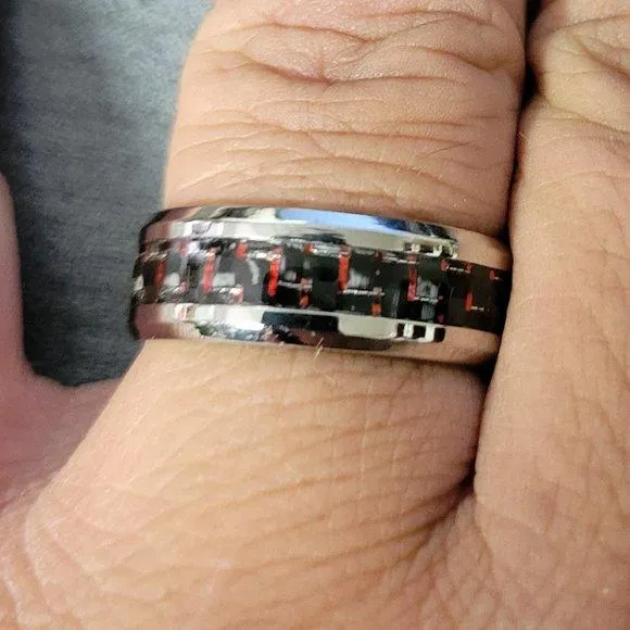 Men's Engraved Red and Black Carbon Fiber Wedding Ring - Guy's Personalized Wedding Ring