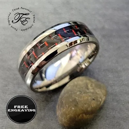 Men's Engraved Red and Black Carbon Fiber Wedding Ring - Guy's Personalized Wedding Ring