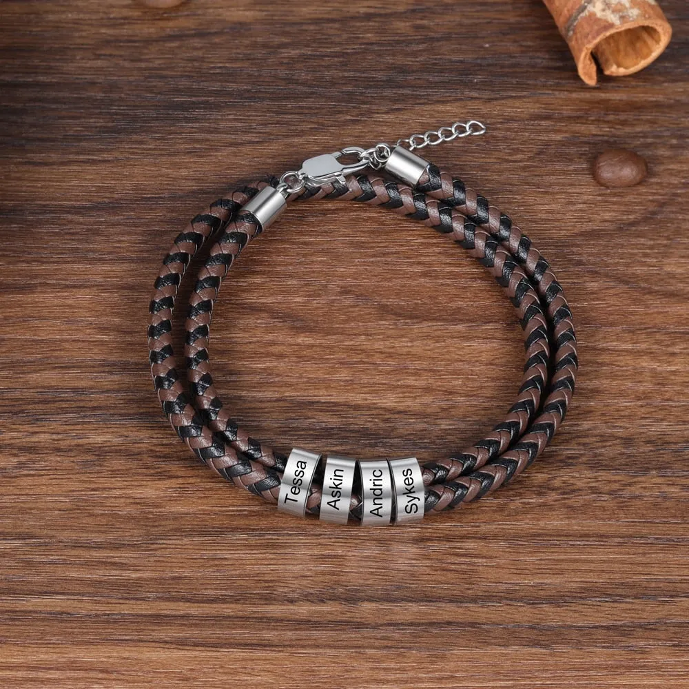 Personalized Engraving Black Brown Braided Leather Bracelet