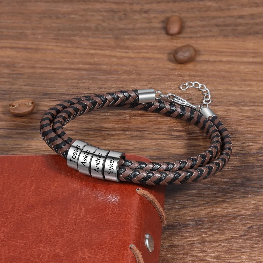 Personalized Engraving Black Brown Braided Leather Bracelet