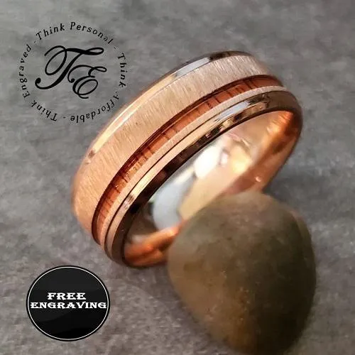 Personalized Men's Rose Gold Wedding Ring Koa Wood Inlay