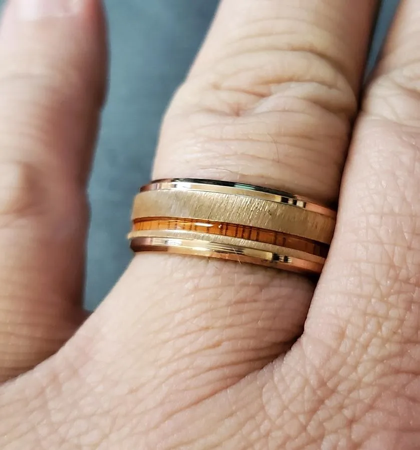 Personalized Men's Rose Gold Wedding Ring Koa Wood Inlay