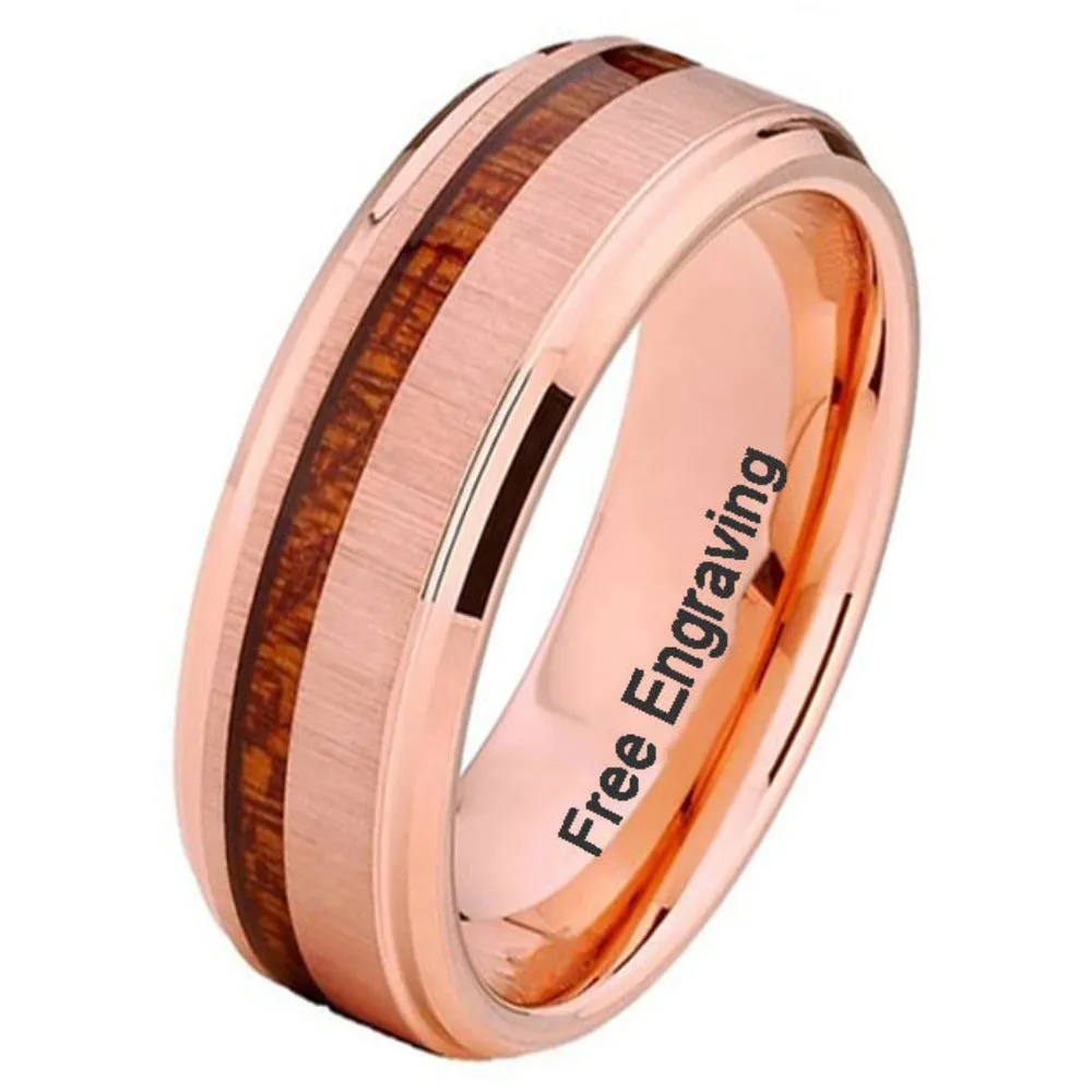 Personalized Men's Rose Gold Wedding Ring Koa Wood Inlay