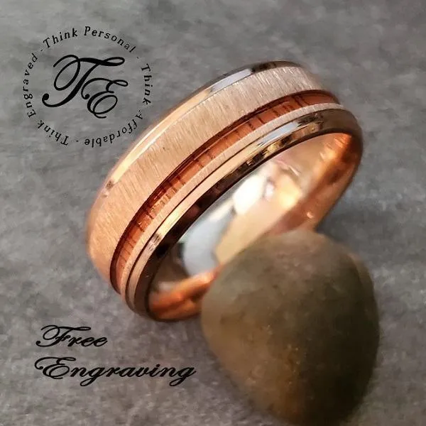 Personalized Men's Rose Gold Wedding Ring Koa Wood Inlay