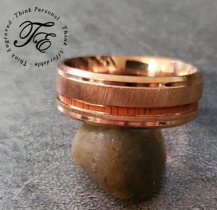 Personalized Men's Rose Gold Wedding Ring Koa Wood Inlay