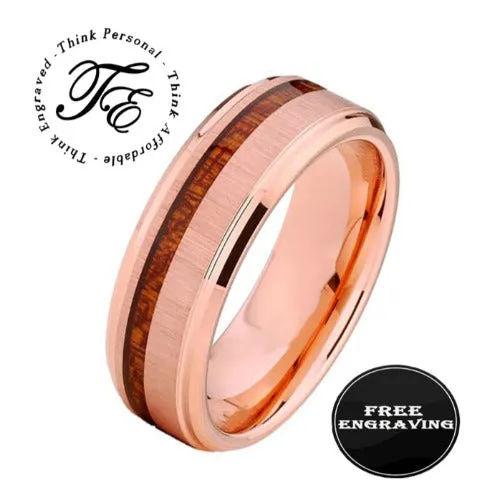 Personalized Men's Rose Gold Wedding Ring Koa Wood Inlay