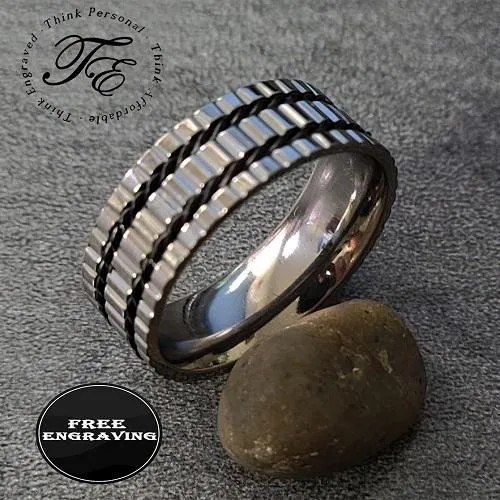 Personalized Men's Titanium Wedding Band - Silver With Double Wire Inlays