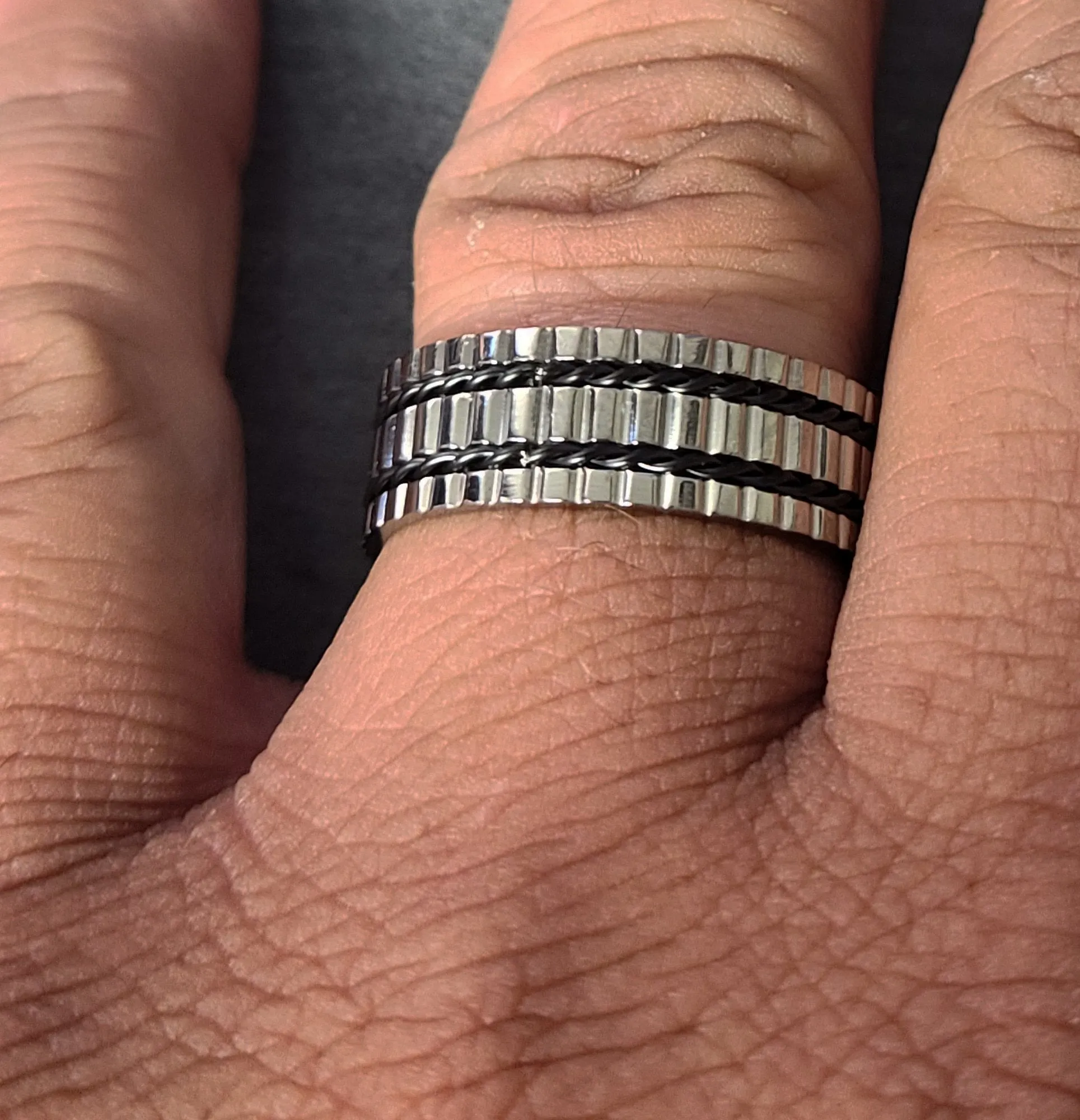 Personalized Men's Titanium Wedding Band - Silver With Double Wire Inlays