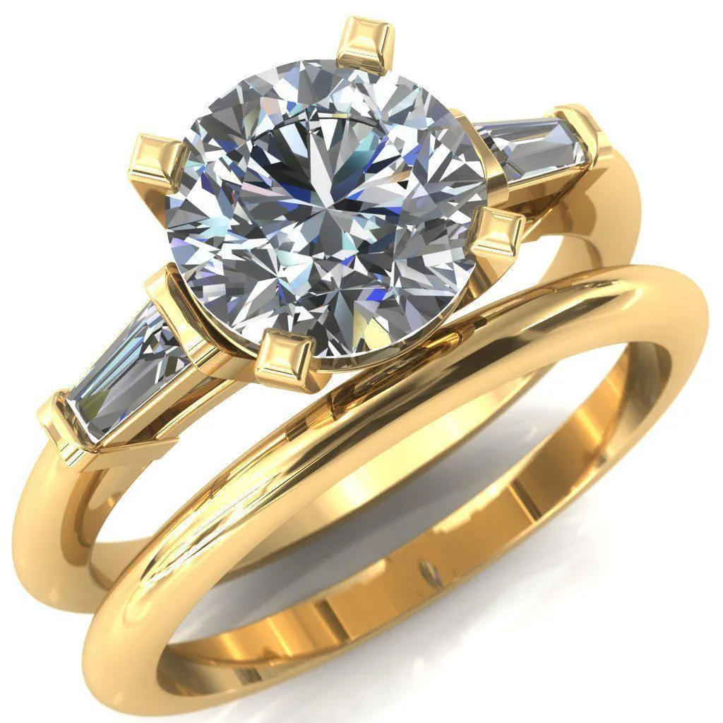 Quinn Round Lab-Grown Diamond Center Stone 4 Prong Single Baguette Diamond Side Ring