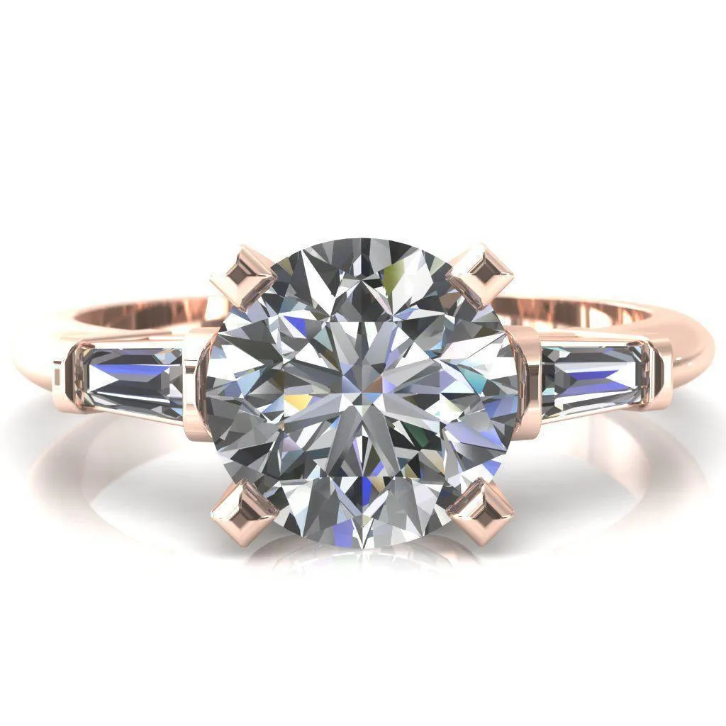 Quinn Round Lab-Grown Diamond Center Stone 4 Prong Single Baguette Diamond Side Ring