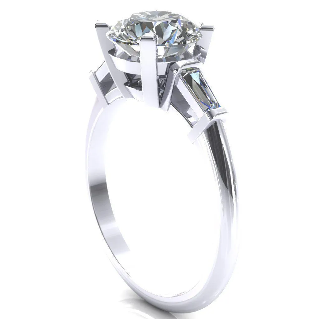 Quinn Round Lab-Grown Diamond Center Stone 4 Prong Single Baguette Diamond Side Ring