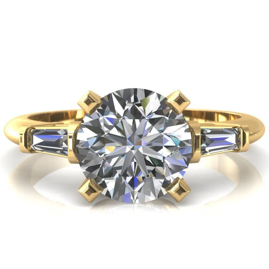 Quinn Round Lab-Grown Diamond Center Stone 4 Prong Single Baguette Diamond Side Ring