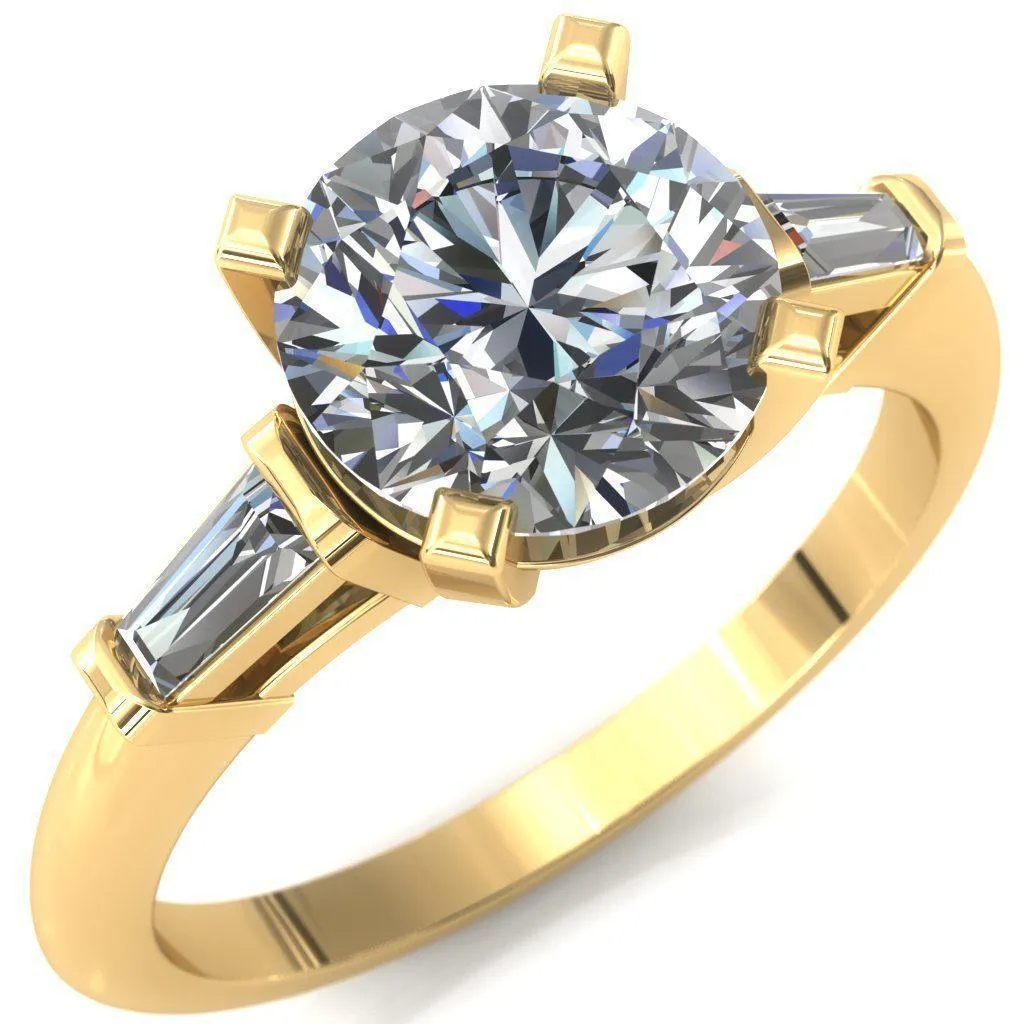 Quinn Round Lab-Grown Diamond Center Stone 4 Prong Single Baguette Diamond Side Ring