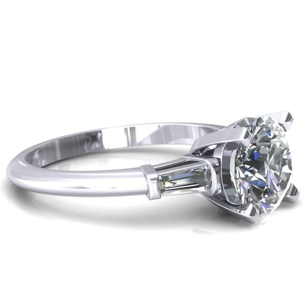 Quinn Round Lab-Grown Diamond Center Stone 4 Prong Single Baguette Diamond Side Ring