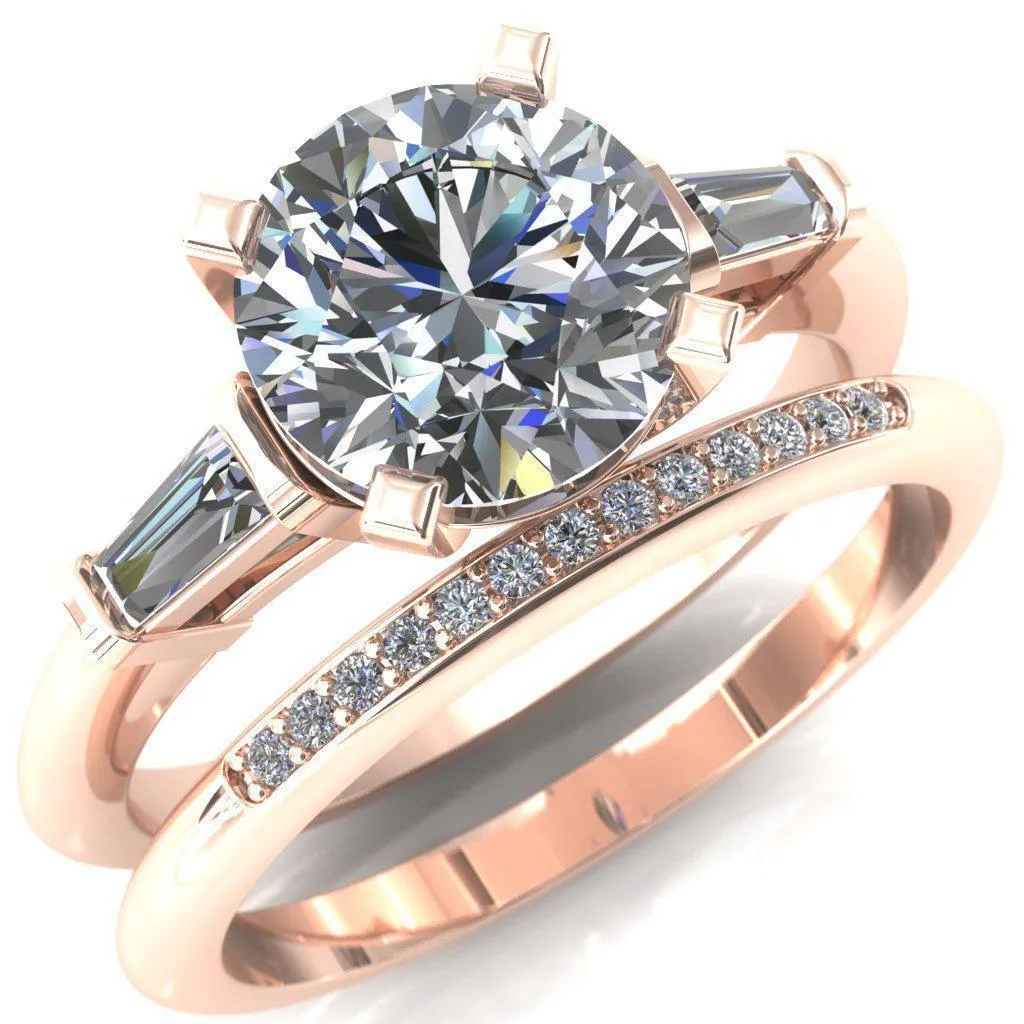 Quinn Round Lab-Grown Diamond Center Stone 4 Prong Single Baguette Diamond Side Ring